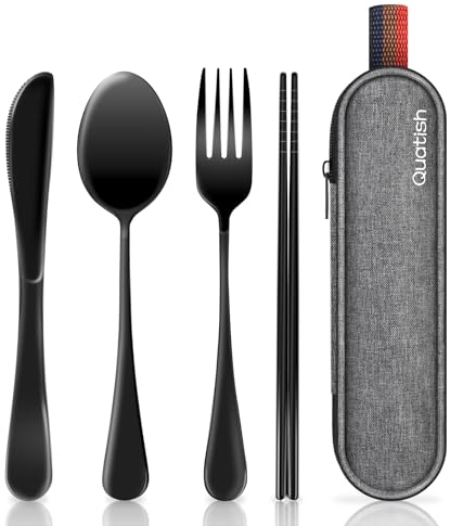 Quatish - Utensilios de viaje con funda, juego de cubiertos portátiles para el trabajo, juego de cubiertos de viaje reutilizables de acero inoxidable, juego de tenedor y cuchara para camping, picnic,