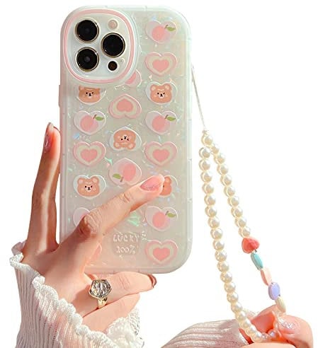 NITITOP Compatible for iPhone 15 Pro Case Cute Cartoon Bear Peach with Beaded Lanyard Wrist Strap for Women Girls Shell Pattern Soft TPU Full Protective Cover for iPhone 15 Pro - Pink Bear