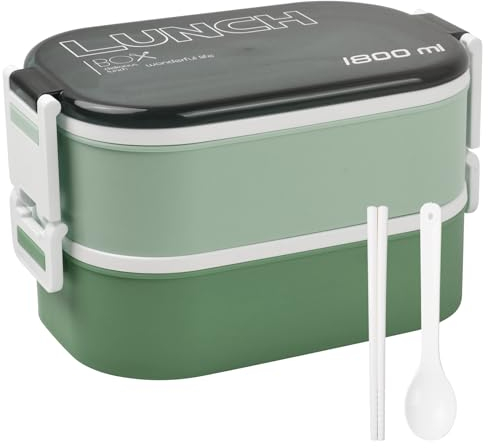 Fiambreras Bento 2 Capas, 1800ml Lonchera Hermetica, Bento Lunch Box con 2 Compartimentos y Cubiertos, Tartera Comida Trabajo, Cajas de Almuerzo, Loncheras de Trabajo para Niños y Adultos (Verde)