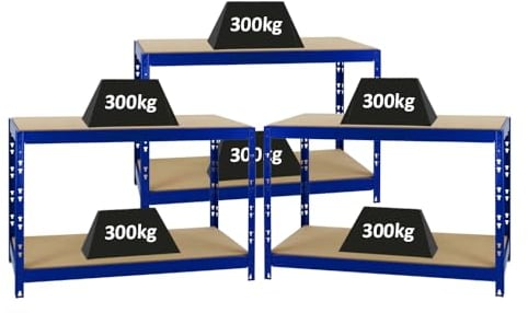 PROREGAL Mega Deal 3X Werkbank Tiger | 300 kg pro Fachboden | HxBxT 90x140x60cm | Blau | Höhenverstellbar Werktisch Arbeitstisch Steckmontage Packtisch