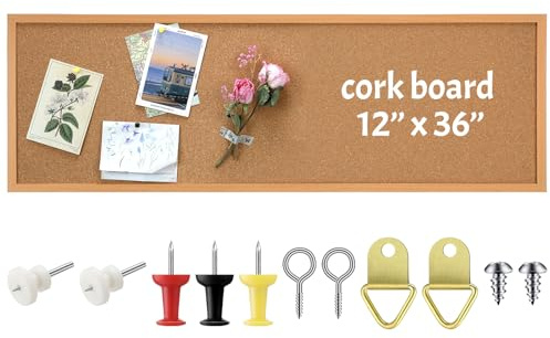 DoubleFill 12 x 36 Cork Board Framed Wall Mounted Bulletin Board, Brown