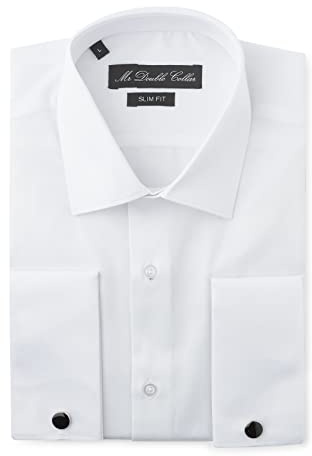 MrDoubleCollar Chemise habillée blanche à double manchette pour homme, coupe ajustée, avec boutons de manchette en métal à manches longues