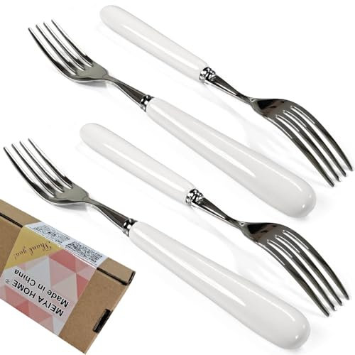 MEIYAHOME 8inch Fine Dinner Forks 20.5cm Good Main Fork 18/10 Stainless Steel Table Fork (Creative White Ceramic Handle) Main Course Fork, 4-Tine Fork, sus304 Great Steak Fork (4 Pcs)