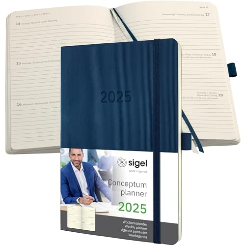 SIGEL C2532 Wochenplaner Wochenkalender 2025, ca. A5, dunkelblau, Softcover, 192 Seiten, Gummiband, Stiftschlaufe, Archivtasche, aus nachhaltigem Papier, Conceptum