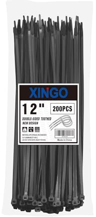 XINGO 200 Stück Kabelbinder Schwarz, 300mm x 4.8mm, 40 kg Zugfestigkeit, UV-beständige Kabelbinder, Premium selbstverriegelnde Kunststoffbinder für den Innen- und Außeneinsatz…