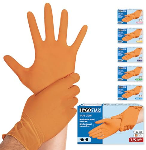 Franz Mensch Hygostar Nitrilhandschuhe Safe Light | puderfrei, orange, 7/S, 24cm, 100 Stück, Einweghandschuhe, Einmalhandschuhe, in Gr. XS, S, M, L, XL & XXL verfügbar