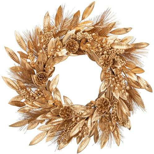 60CM Weihnachtskranz Goldener Künstlicher Türkranz mit Magnolienblättern Beeren Tannenzapfen Weihnachtsdeko für Winter Weihnachten Dekoration