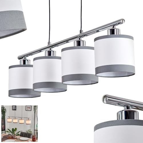 Pendelleuchte Lohobe, Hängelampe aus Metall/Stoff in Chromfarben/Weiß/Grau, Hängeleuchte im modernen Design mit Schirmen aus Stoff (Ø 12 cm), Höhe max. 150 cm, Länge 73 cm, 4 x E14, ohne Leuchtmittel