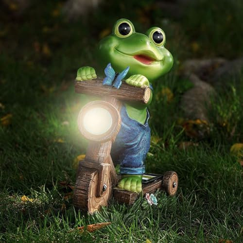 OKESYO Frosch Gartenfiguren mit Solarlampen für Außen, Wasserdicht Lustige Frosch Gartendeko mit Licht für Frauen Geburtstagsgeschenk Garten Balkon Deko, Auto EIN/Aus