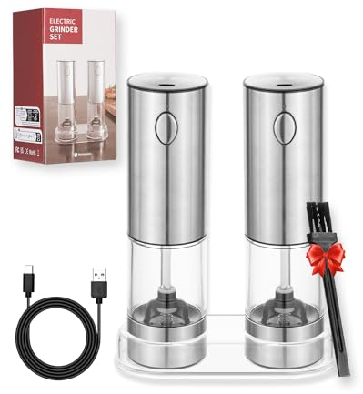 Moulins à sel et à poivre électriques, set de 2, mécanisme de broyage en céramique réglable en continu en acier inoxydable, rechargeable par USB, avec dessous de plat et pinceau et fenêtre de visualis