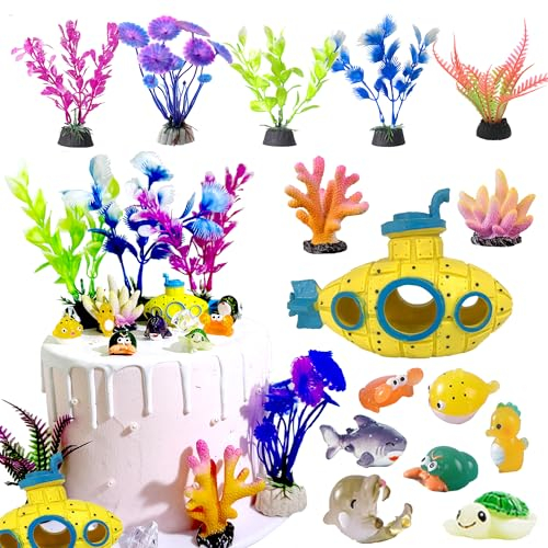 15 PCS Sea Ocean Cake Toppers Under the Sea Ocean Animals Birthday Cake Decorations for Sea Submarine Cake Topper Coral Cake Decorations