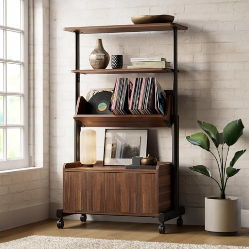 Fenge Bibliothèque, Étagère sur Pied À 4 Niveaux, Support De Rangement Multicouche, Bibliothèque Mobile Multifonctionnelle en Bois et Acier.pour Chambre À Coucher, Bureau, Salon, Cuisine (Marron)