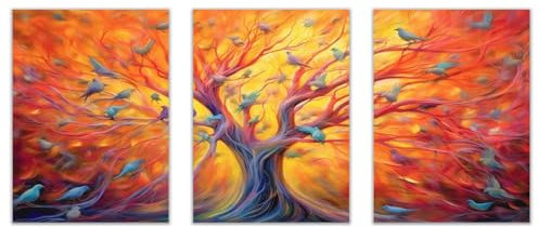 JOSUE 3 pezzi Albero Della Vita Quadri Uccello astratto dell'albero Quadri Su Tela,Arancione, grigio Quadri Per Soggiorno Capezzale Cucina Ufficio-20x30cmx3 Non incorniciato