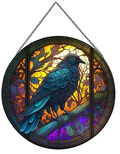 Payutou Attrape-soleil à suspendre en verre teinté à motif corbeau pour les amateurs d'oiseaux, 20 cm, peint à la main, décoration de jardin, Halloween, automne, Noël pour la maison