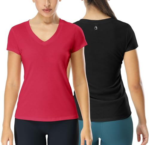 icyzone Damen T-Shirt Kurzarm V-Ausschnitt Yoga Tops Casual Sport Shirt, 2er Pack (M, Black/Megenta)
