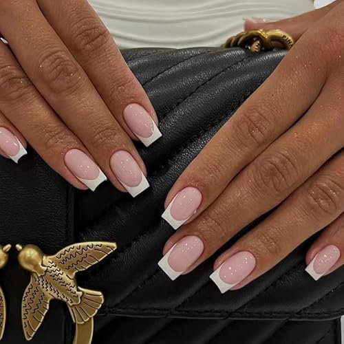Maggidea French False Nails, 24pcs Strong Short Square Pink Press On With Glue, White Tips Design, Acrylic Stick On (Medium-Pink)
