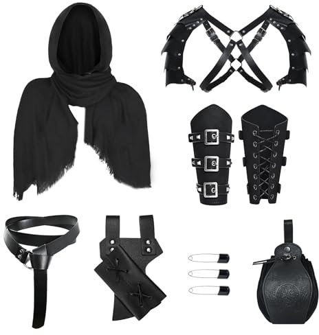 LLTTEER Ensemble d'accessoires pour costume de chevalier médiéval pour homme, cape médiévale avec capuche, ceinture et attelles de bras, sac de ceinture, porte-épée et bouteilles de potion (Style 02)