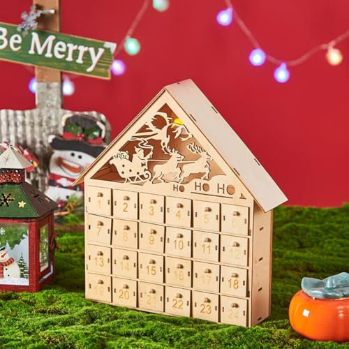 Wooden Drawer Countdown To Christmas,LED Wooden Christmas Advent Calendar,24 Day Advent Calendar with LED Lights,Light Up Tree House Countdown Calendar for Table Decoration