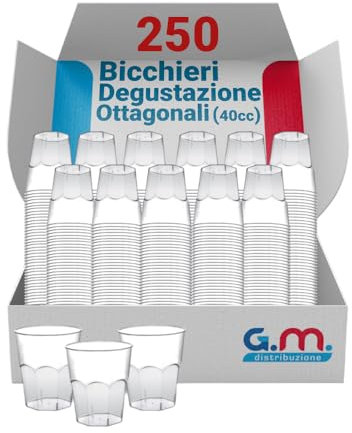 G.M. DISTRIBUZIONE 250 Bicchieri da Liquore, Shot in Plastica Rigida, Bicchierini Ottagonale da 40cc, tacca 3cl, Resistenti e Riutilizzabili. Bicchieri da Shottino Perfetti per le Feste