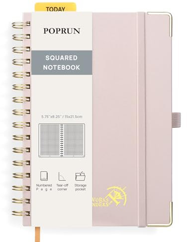 POPRUN Notizbuch A5 Kariert, Block Kariert Journal, Spiral-Notizbücher 120 GSM Papier, 141 nummerierte Seiten, Hardcover mit Kleberegisterkarten und 8 Abreißblättern - LPK(Hellrosa)