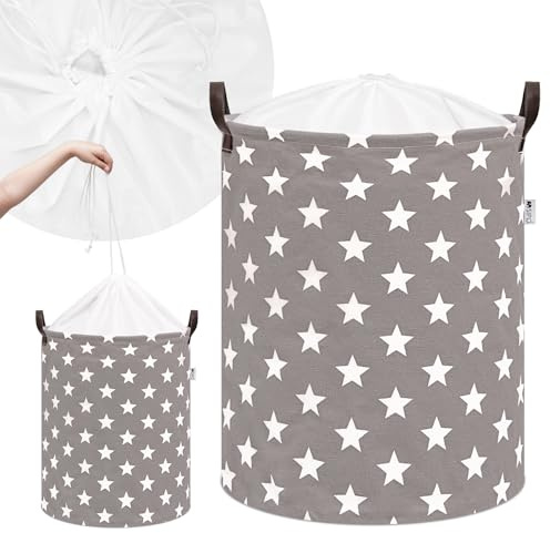 SIPO Aufbewahrungskorb für Spielzeug XL 43L Sterne Baumwolle Canvas Spielzeugkorb fürs Kinderzimmer für Kleidung Textilien Kuscheltiere auch als Wäschekorb Faltbar mit Kordelzug und Stabilen Griffen