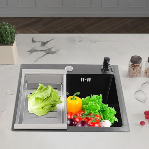 Fregadero de acero inoxidable con dispensador de jabón, fregadero de cocina de acero inoxidable 201, montaje empotrado y de mesa, color negro y gris, 45 x 40 x 20 cm, incluye tubo de drenaje y