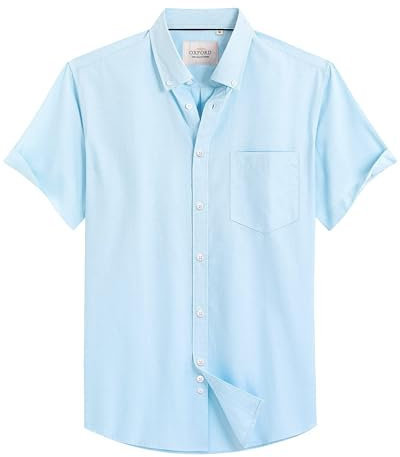 J.VER Men's Short Sleeve Shirts Cotton Button Down Oxford Smart Casual Shirt Non Iron Regular Fit Business Wedding Office Work Summer Shirt Blue L