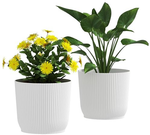 Outsunny Set of 2 Plastic Round Plant Pots Outdoor 22cm, Garden Planters, Flower Pots for Garden Decoration, Patios, Indoor, Outdoor, Home, White