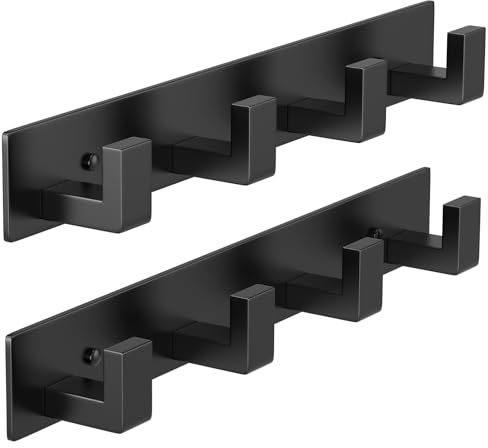 PMMASTO Garderobenleiste Wandhalterung, Garderobenhaken Wandhaken zum Aufhängen, Edelstahl Kleiderbügel Handtuchhaken für Badezimmer, Wandgarderobe Hutablage (Schwarz 4 Haken, 2 Pack)