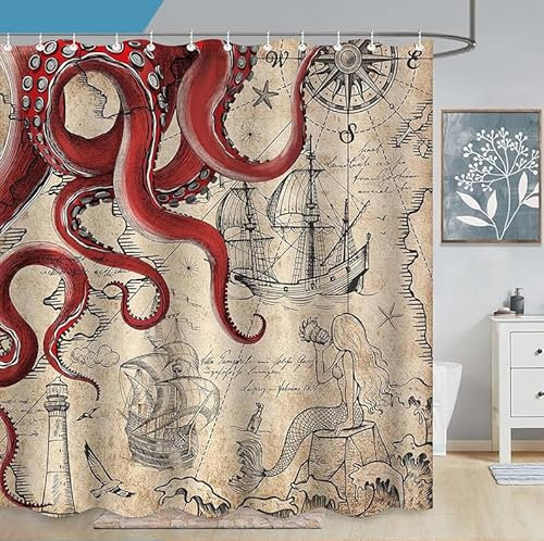 Hopomoon Duschvorhang mit Oktopus-Motiv, für Badezimmer, Retro, nautisches Design, wasserdichter und widerstandsfähiger Duschvorhang aus Polyestergewebe, 200 x 180 cm, mit 12 Haken