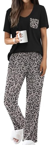 Famulily Pyjama d'été 2 pièces à manches courtes pour femme - Col en V - Coupe ample - Pantalon imprimé avec poches - Tailles S à XXL