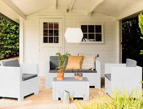 Dmora - Loungeset für draußen Kuiper, Outdoor-Lounge mit Couchtisch, Terrassenset mit Kissen, Gartenkomposition mit Sofa und Sesseln, Made in Italy, Weiß