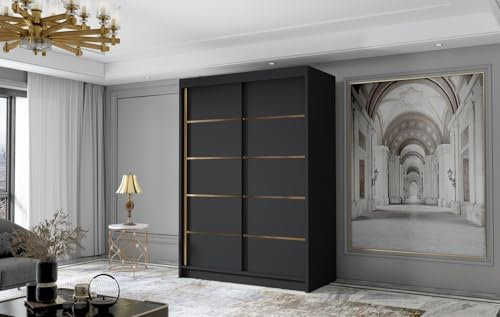 Gaba furniture Gold Series 120 cm Black Sliding Door Wardrobe Widths 100/120/150/180/200/250 cm Furniture for Bedroom Living Room Wardrobe with Hanging Rail White/Black/Cashmere