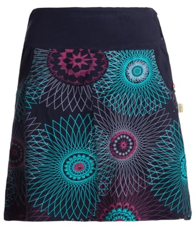 Vishes Alternative Bekleidung - Damen Mini-Rock Baumwolle Mandala-Muster extra breiter Bund mit Kordel-Zug und Taschen schwarz 44