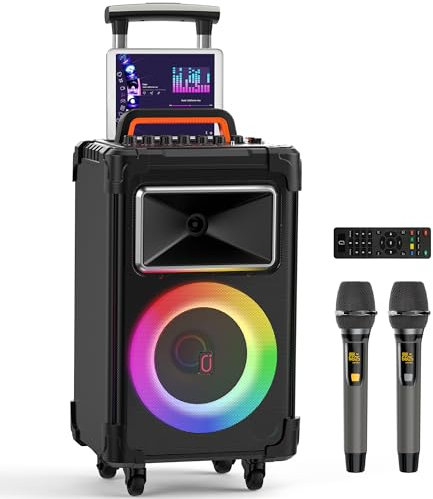 JYX AN20 Karaoke Machine with 2 Wireless Microphones, Bluetooth PA System with 10'' Subwoofer, Vocal Cut, Sound Effects, LED Lights, Treble/Bass Adjustment (Dark black)