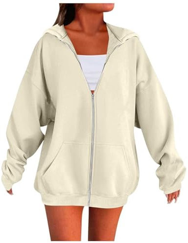 Giacca leggera da donna con cappuccio in pile sottile con cerniera, tinta unita, abbigliamento casual, pullover vestibilità ampia, abbigliamento da casa elegante, Beige, M