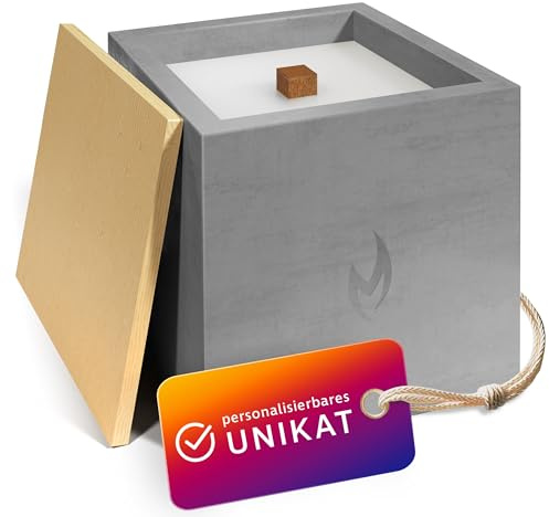 Monster24 Betonkerze Outdoor 15x15x15 cm mit Dauerdocht – Tischfeuer mit Bambusdeckel - Windfestes Gartenlicht, Gartenfackel für Terrasse Balkon - Beton Tischkerze wiederbefüllbar als Outdoor-Deko