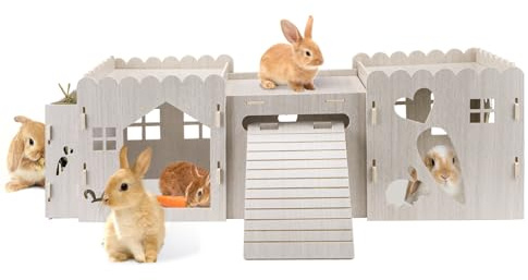 Große hölzerne Kaninchen Schloss, Nagelfreie abnehmbare Kaninchens Versteck mit Nahrungsschale, Kaninchen Rampe & Multi-Löcher, niedliche Kaninchens Haus Fitting Syrische Hamster