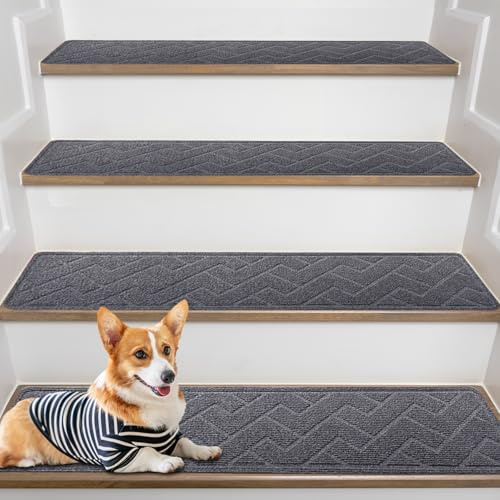 RIZENCE 4Pack Anti-Slip Stair Carpet Treads, 76x20cm Stairs Runner Carpet Treads, Reusable Stair Mats Self Adhesive, Stair Protection Mats for Kids Elders Pets, Machine Washable, Cutting (Dark Grey)