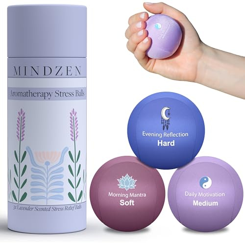Mindzen Lavender Stress Balls for Adults | Aroma Infused for Anxiety and Stress Relief | Enhance Mindfulness & Focus | Tri-Strength Physical Therapy Hand Grip Exercise and Calming Sensory Fidget Tool