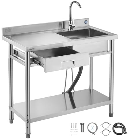 VEVOR Lavandino Mobile da Cucina 1000 x 500 x 940 mm, Vasca Singola con Rubinetto e Cassetto, Lavello da Cucina per Garage, Ristorante, Lavanderia, Lavabo da Esterno con Piano di Lavoro Sinistra