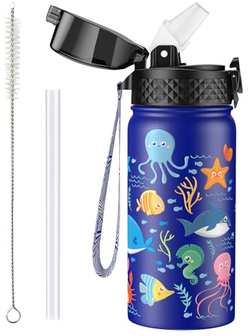 OLDLEY 420ml/14oz Kids Stainless Steel Water Bottle with Straw for School Insulated Metal Water Bottles Leakproof Reusable Double Wall Vacuum Small Flask Keep Drinks Hot Cold for Boys Girls (Sea)