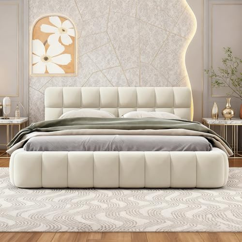 BRYXR Polsterbett 160x200, Bubble Bett mit Lattenrost, Gepolstertem Kopfteil, Elegantes Doppelbett, Ideal für Jugendzimmer und Gästezimmer (Beige Leinen, ohne Matratze)