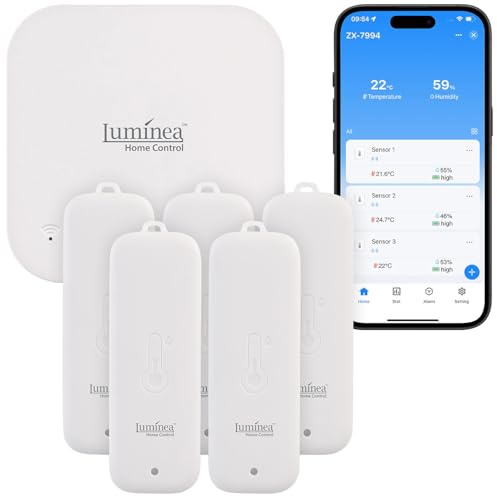 Luminea Home Control Temperatursender: 5er-Set Temperatur- & Feuchtigkeitssensoren, WLAN-Gateway, App, IP65 (Luftfeuchtigkeitsmessgerät, Temperatur Sensor, Toilette)