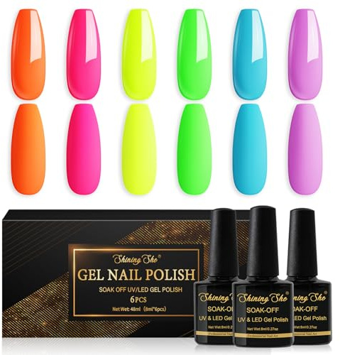 Shining She Gel Nail Polish Neon, 6 Colours Orange Pink Yellow Green Blue Purple Neon Gel Polish Set Soak-Off UV/LED Lamp Nail Polish Gel Spring Summer for Women Nail Art Salon DIY at Home, 8ML