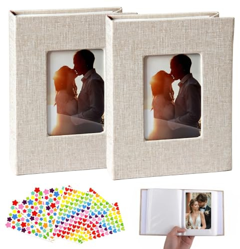 2 Stückfotoalbum Einsteckalbum, 10x15 cm Fotoalbum zum Einstecken, Leinen Cover Fotoalbum Bietet Platz für 200 Fotos, Photo Album mit Fenster ideal zum Aufbewahren von Postkarten Aufklebern und Fotos