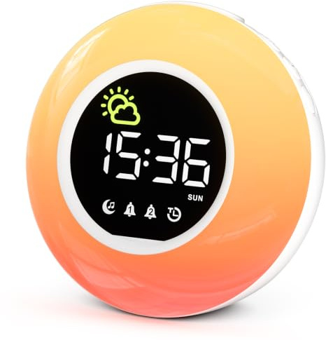 HERMIC Wecker Digital, Kinderwecker mit Nachtlicht, 12 White Noise, 2 Alarmanzeige, Snooze und Timer, Einstellbare Helligkeit, Wecker für Schulanfänger, Netzbetrieben