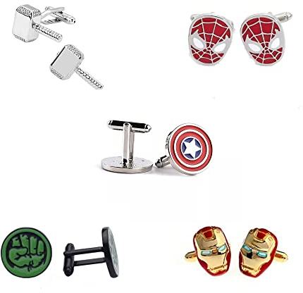 Love Rustic Co Superhero Mens Cufflinks Wedding / Birthday Gift Set of 5 : Iron Man Spiderman Captain America Thor Hulk Marvel