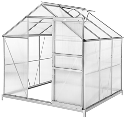 tectake® Aluminium Gewächshaus, 190x185x195 cm, Treibhaus, Tomatenhaus, Frühbeet, Pflanzenhaus, UV beständig, 4 mm Platte, Schiebetür & Dachfenster, Schutz vor Kälte, Regen und Frost - mit Fundament