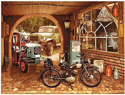 ARTland Wanddeko Wandbild Alu Verbundplatte für Innen & Outdoor Bild 80x60 cm Nostalgie Deko Retro Vintage Werkstatt Fahrzeuge Traktor Motorrad T6HX
